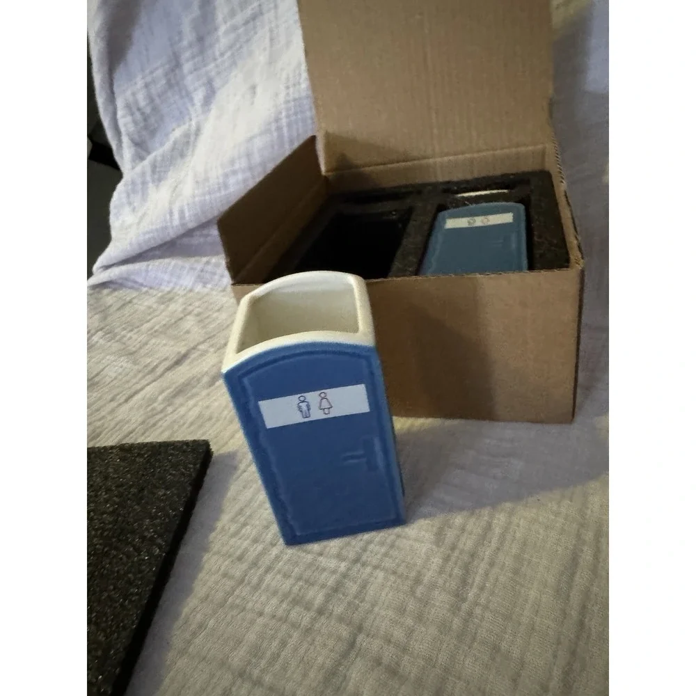 2 Pack Blue & White Porta Potty Novelty Plastic Lidded Shot Glasses Set of 2
